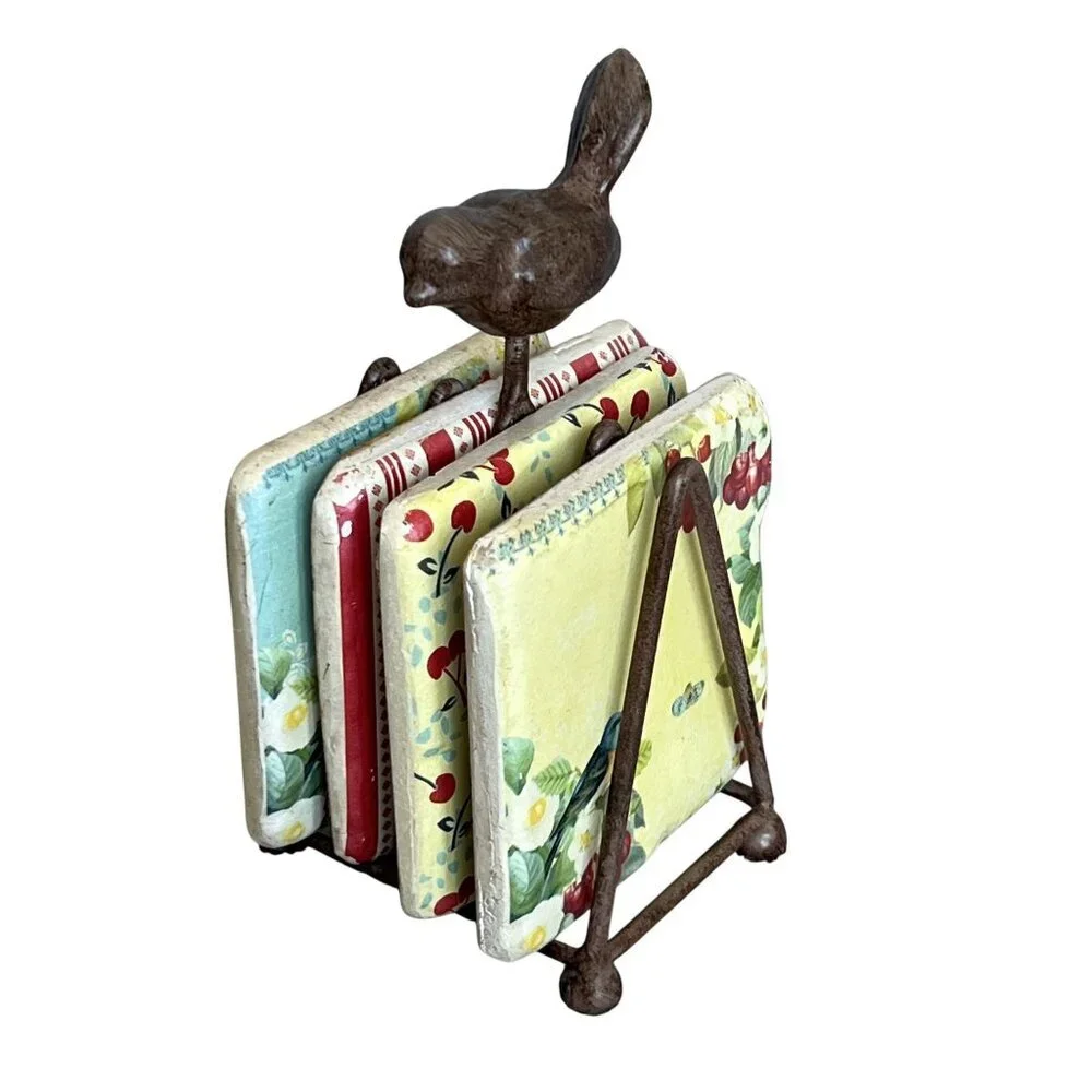 Terri Conrad Vintage Rock Art Set Rustic Metal Stand Butter Yellow Red Artsy